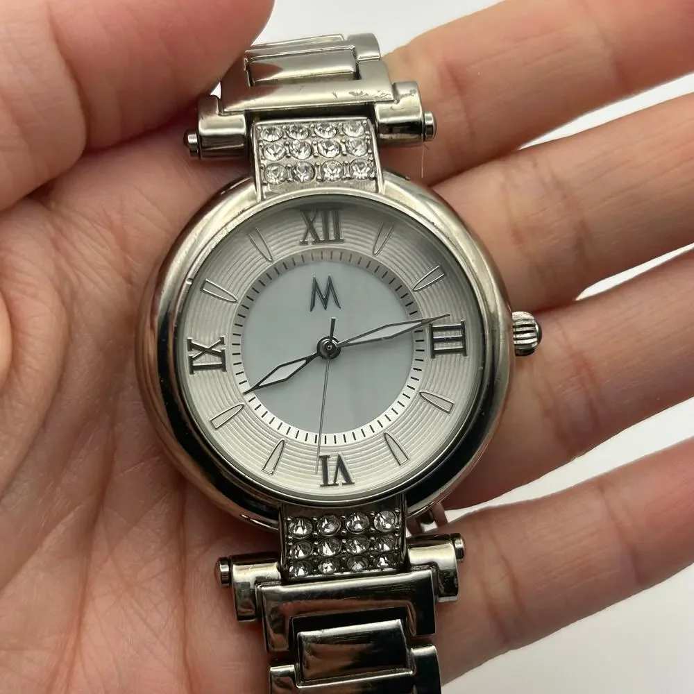 M MEI64 Silver Tone Crystals St. Steel Women’s Watch Working New Battery